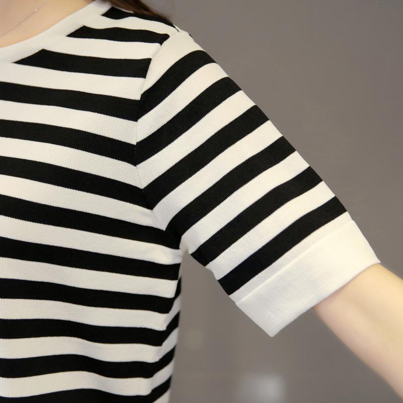 Summer New Women's Clothing Loose Korean Version Large Size Top Black and White Stripes Front Short Rear Long Short Sleeve T-shirt Women's Base