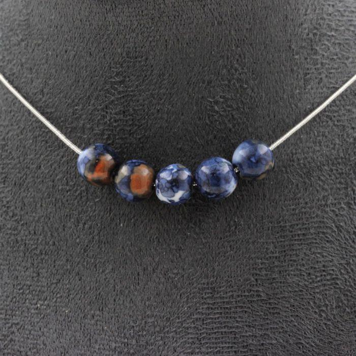 Pierres et Minéraux. Collier 5 perles Jaspe bleu 8 mm. Chaine en acier inoxydable Collier femmes, hommes. Taille personnalisable.