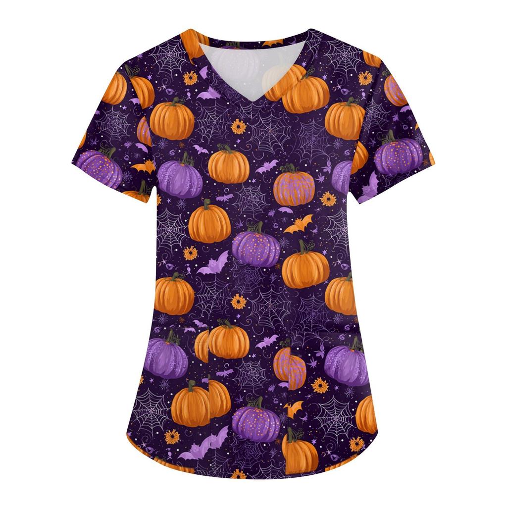 Women's Printing Uniform Work Uniform V-neck Pockets Basic Short Sleeve Pullover Top