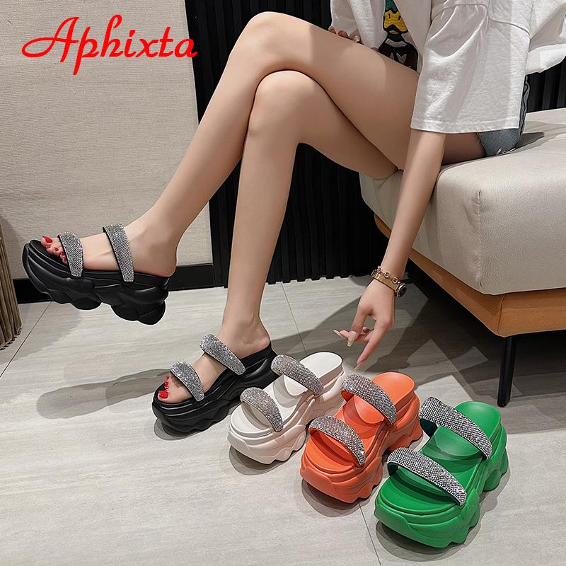 Fashion Aphixta 2025 New Luxury Crystals Summer Thick Sole Slides Simple Platform Women Shoes Green Flip Flops Wedge Heel Beach Slippers