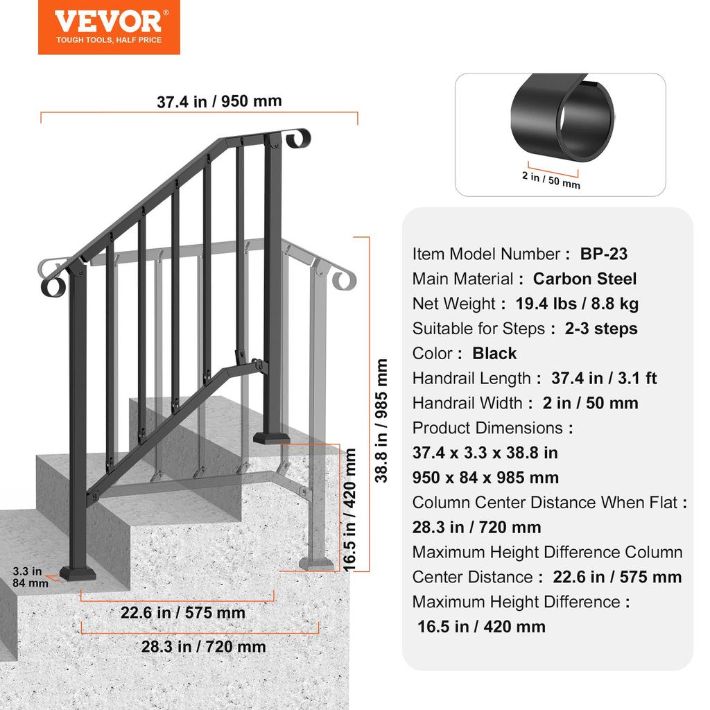 VEVOR Handrails for Outdoor Steps, 2-3 Step Stair Hand Rail Kit, Transitional Carbon Steel Railings with Installation Kit, Stair Rails for Seniors