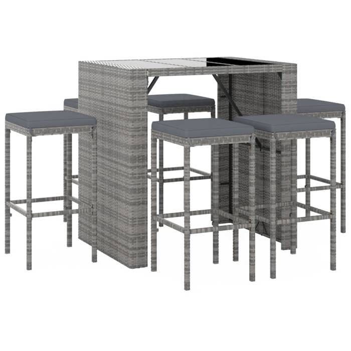 VidaXL Ensemble de bar de jardin 7 pcs avec coussins gris poly rotin, ensemble de table de bar, table et chaise de bar, 3187622