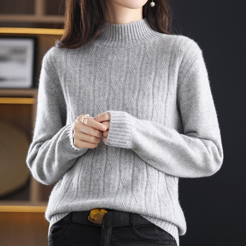 Autumn Winter Thick Warm Sweater Women Half High Collar Cashmere Sweater Korean Solid Green Casual Basic Pullover Knitwear