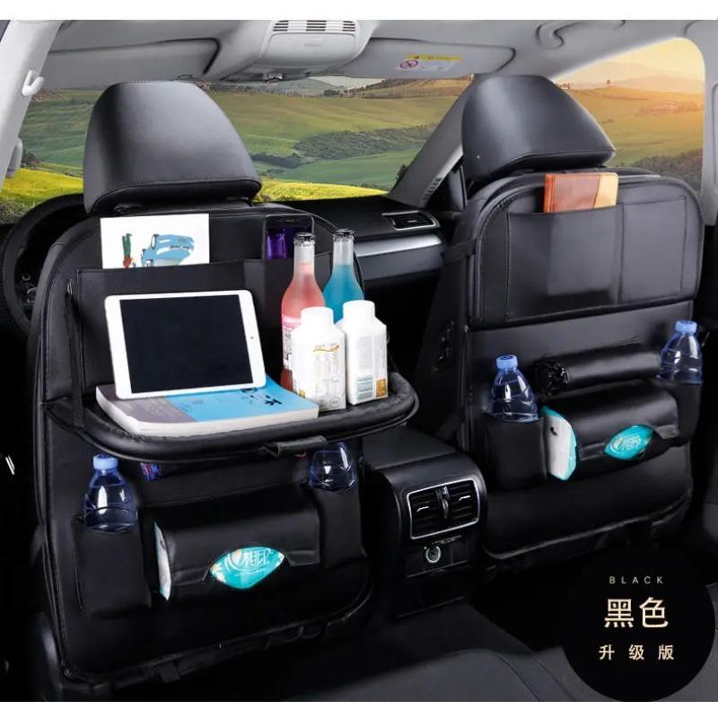 Car Seat Back Kick Mats PU Leather Storage Organizer with Foldable Table Tray & Pockets Car Interior Accessories