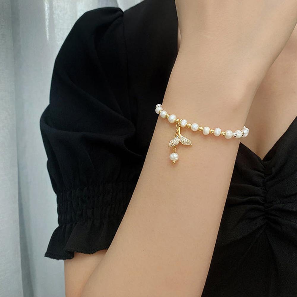 Girls Simple Charms Crystal Women Temperament Pearl Bangles Beads Whale Fishtail Bracelets Pendant