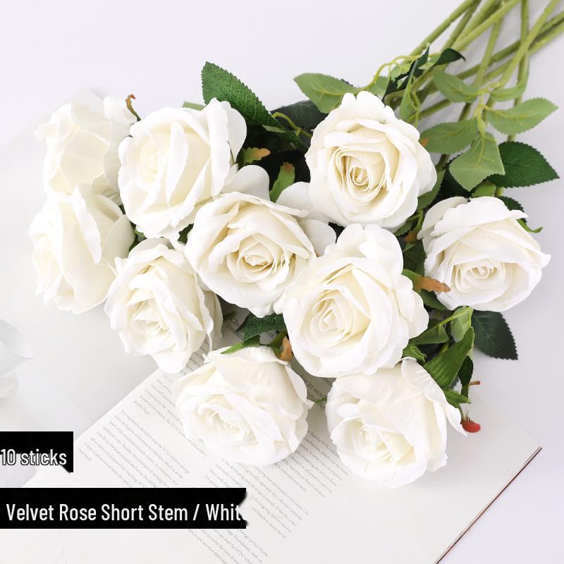 Red Velvet Rose Artificial Flowers - 10 Long Stems for Living Room or TV Cabinet Decor