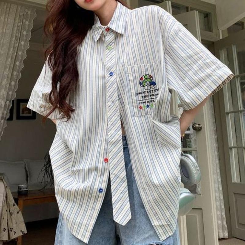 Kravata ve stylu vysoké školy Pruhovaná dámská košile Volná Všestranná Ležérní Košile s krátkým rukávem Americký Retro Jednořadá Tílka