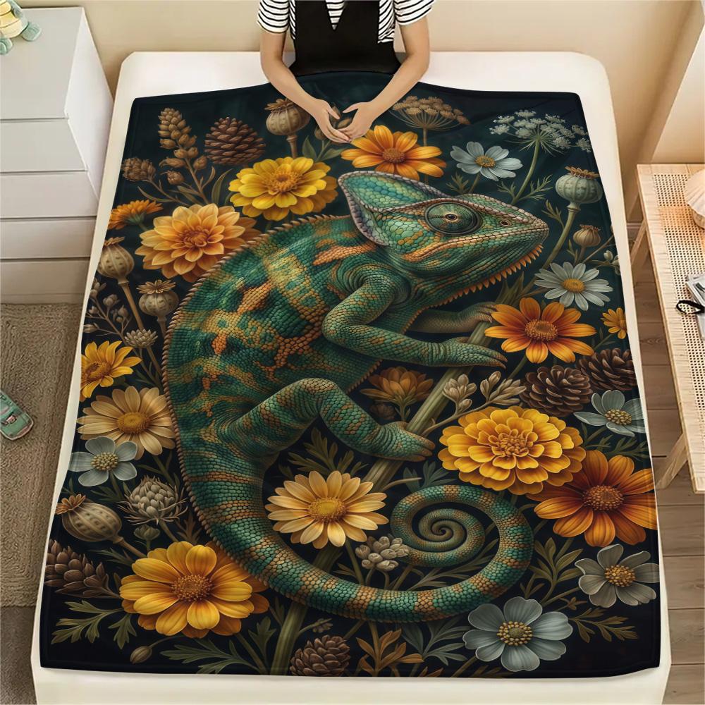 1PC Chameleons and Plants Print FlAannel Blanket, High quality Comfortable for All Seasons, Home Decor, Warmth and Comfort
