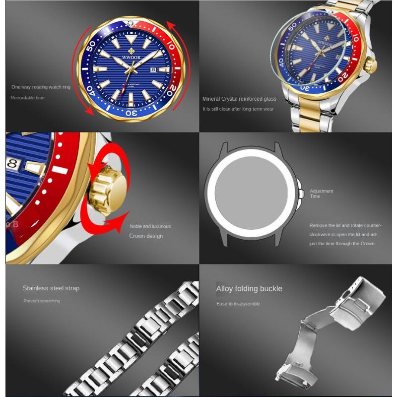 WWOOR Quartz Watch with Rotatable Case for Men