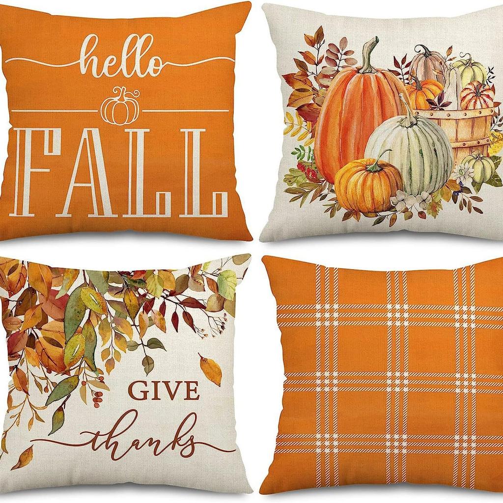 Autumn Harvest Pumpkin Letter Pillow Thanksgiving Flax Pillow Case Home Sofa Pillow Case