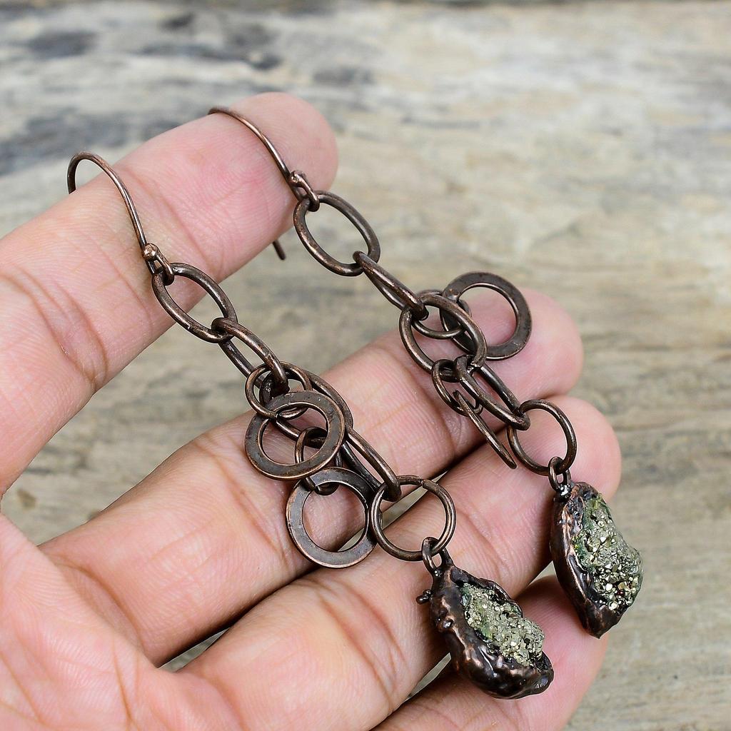 Pyrite Rough Earring Electroformed Copper Earrings Gemstone Jewelry Unique Earring Electroformed Jewelry Gifts for Mother Handmade Earrings