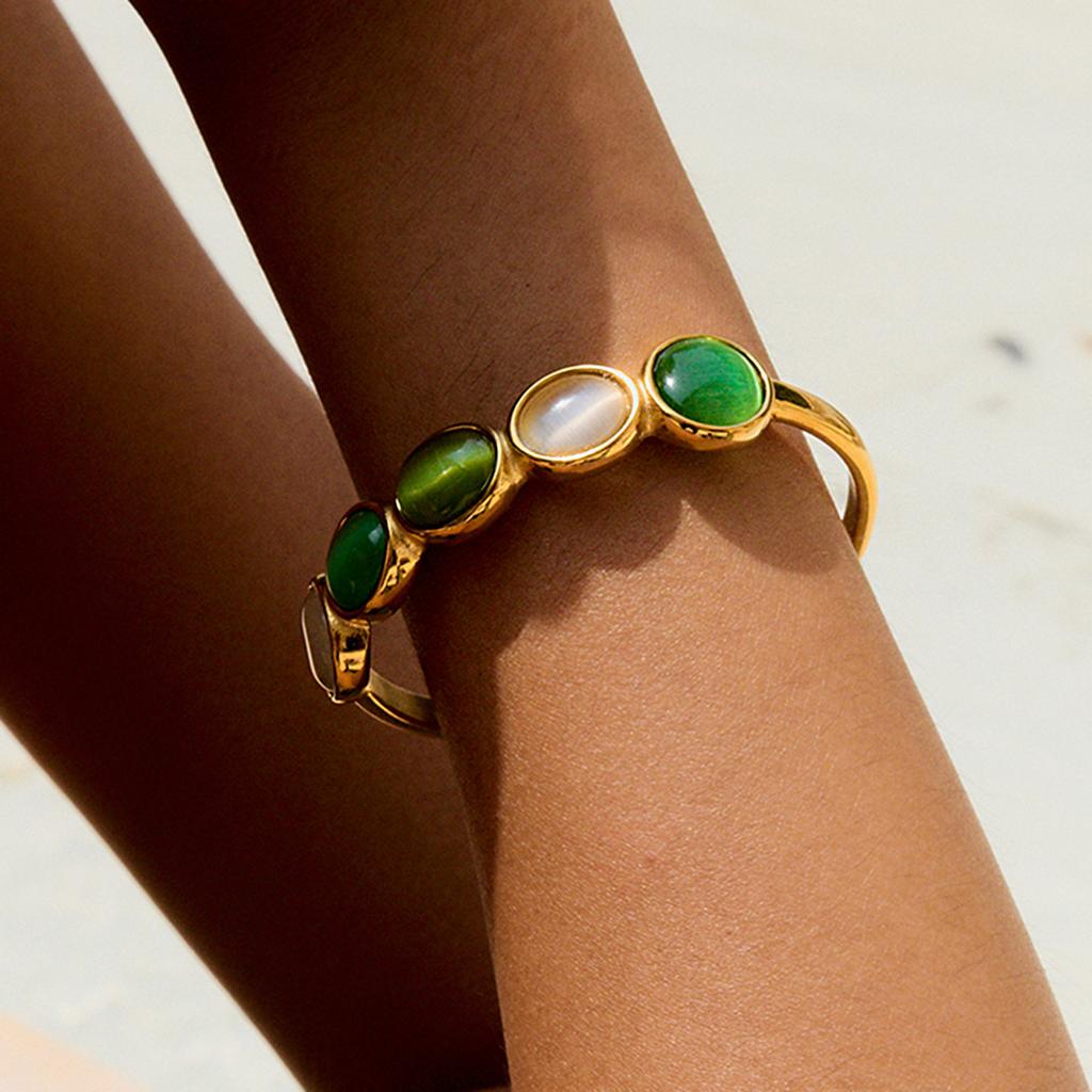 JYL TS Bracelet Bangle Cat Eye Stone Open Design Mysterious Look Enhances Intuition & Fortune