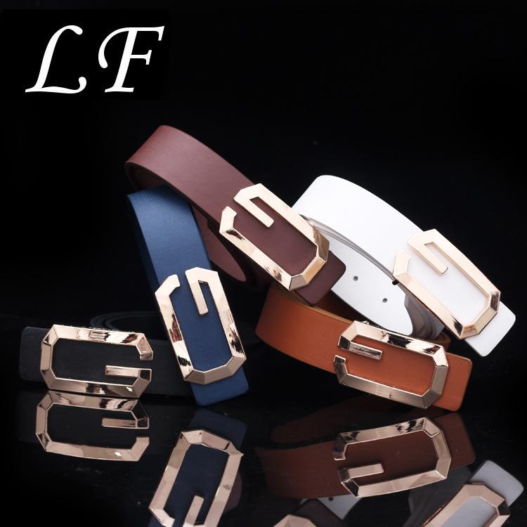 Mary New Fashion Men and WomenGBuckle Belt All-Match Neutral GoldGLetter Smooth Buckle