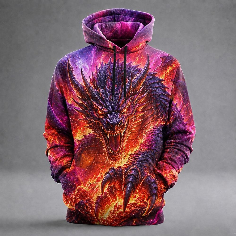 Men's Dragon 3D Printed Hoodie, Fantasy Animal Graphic, Lightning Print Sweatshirt, Long Sleeve Casual Streetwear Men Clothing