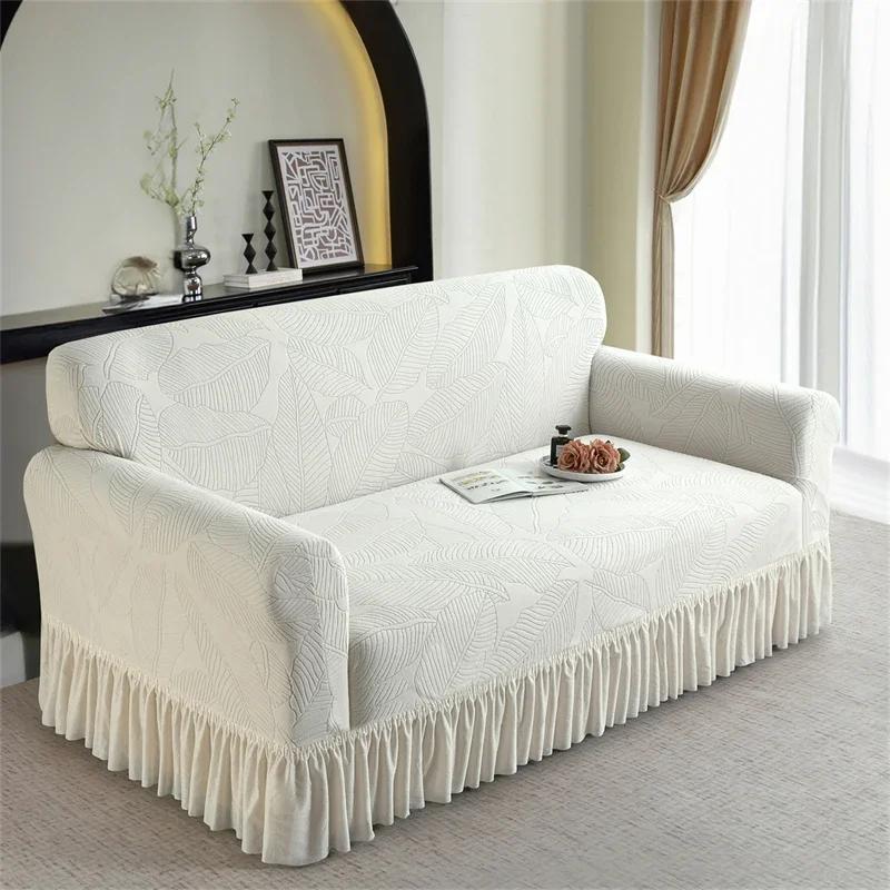 Jacquard Uni-Farben Sofabezug mit Volant Rutschfest Stretch Couchbezug für Schlafzimmer Büro Wohnzimmer Heimdeko