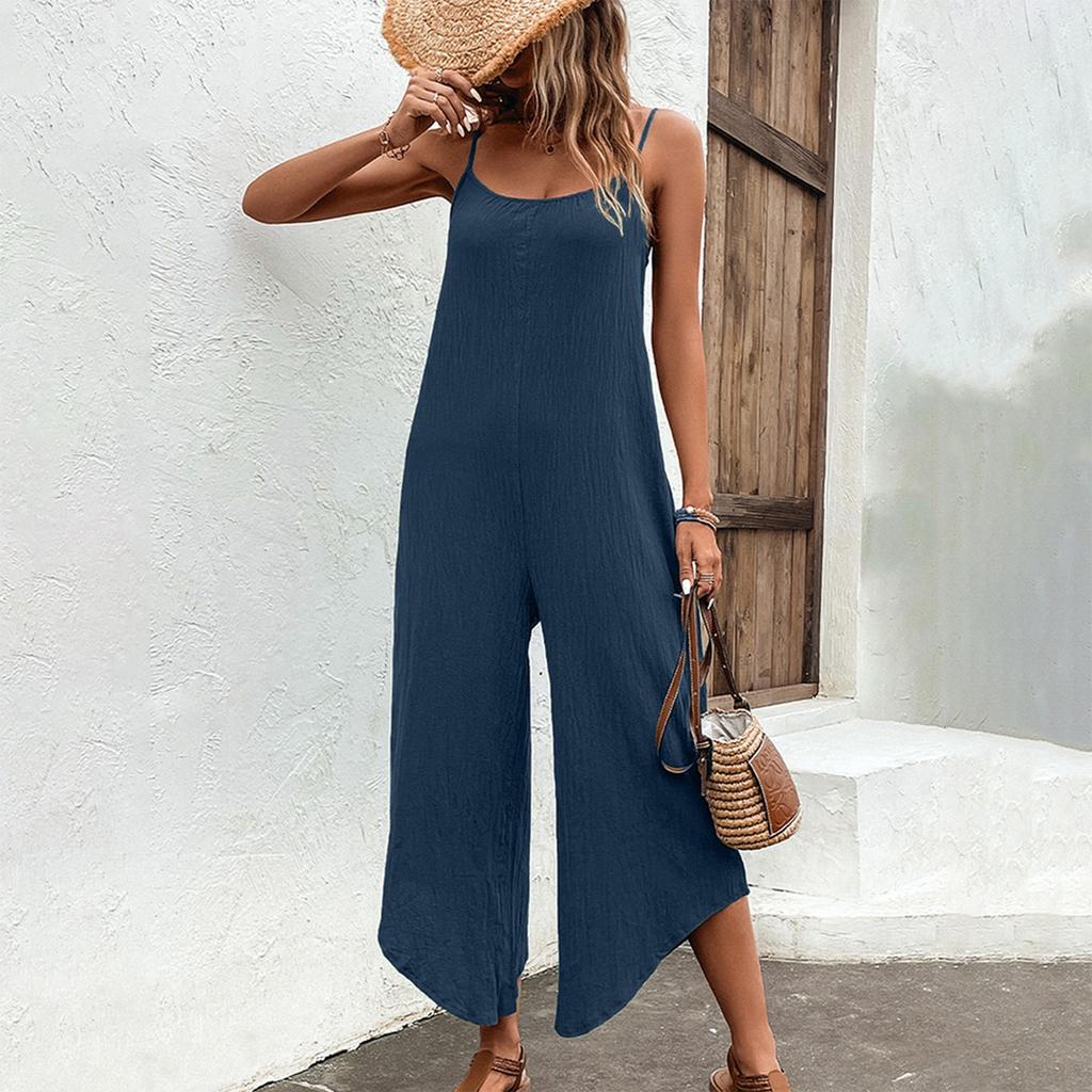 Women's Fashionable Solid Color Pocket Irregular Pants Legs Loose Casual Camisole Sleeveless Jumpsuit