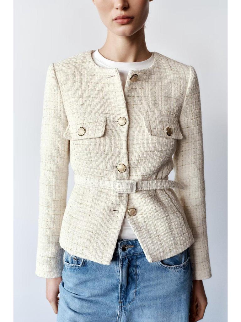 Damen Frühling/Sommer 2025 Lässiger strukturierter Blazer mit Gürtel - Europäischer & Amerikanischer Stil