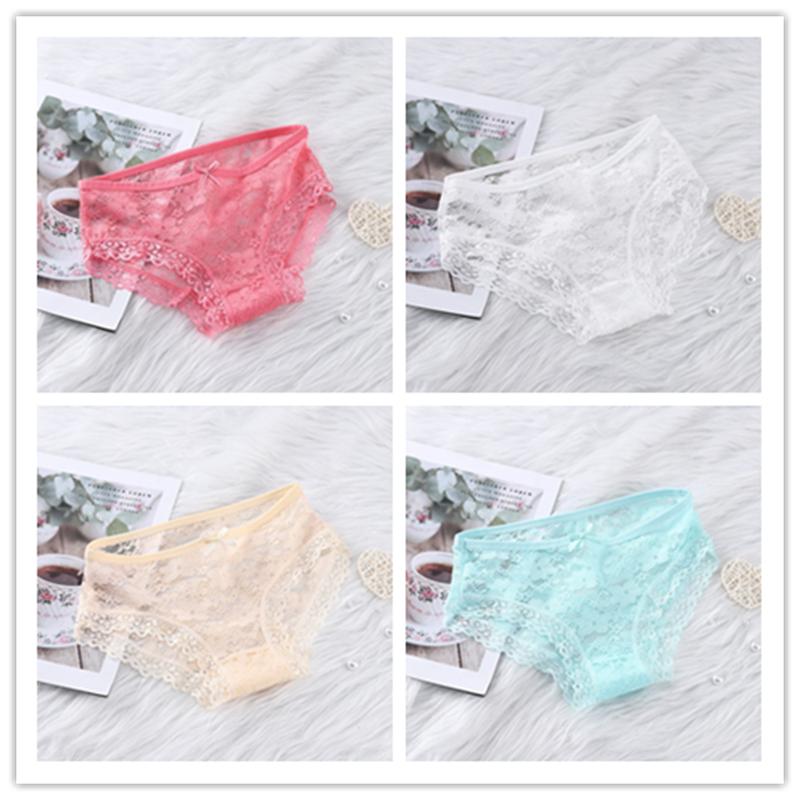 Girls' Sexy Lace Briefs Breathable Underwear with Butterfly Knot Carved Mid Air Waist Knickers Solid Color Women's Triangle Panties