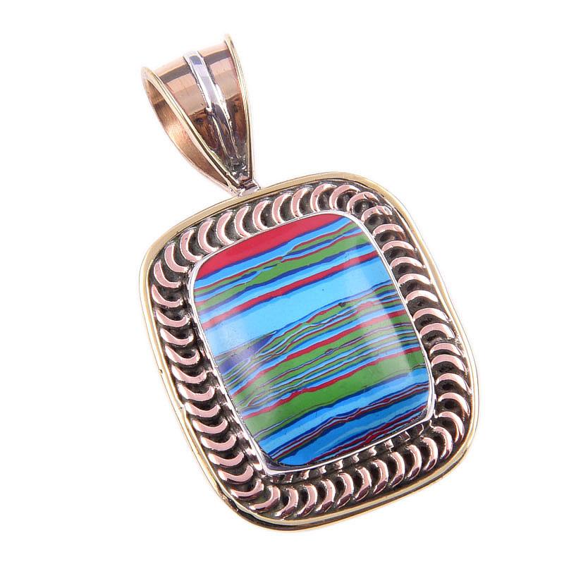 Natural Rainbow Calcica Gemstone 925 Solid Silver Two Tone Pendant 1.50'' D7d99