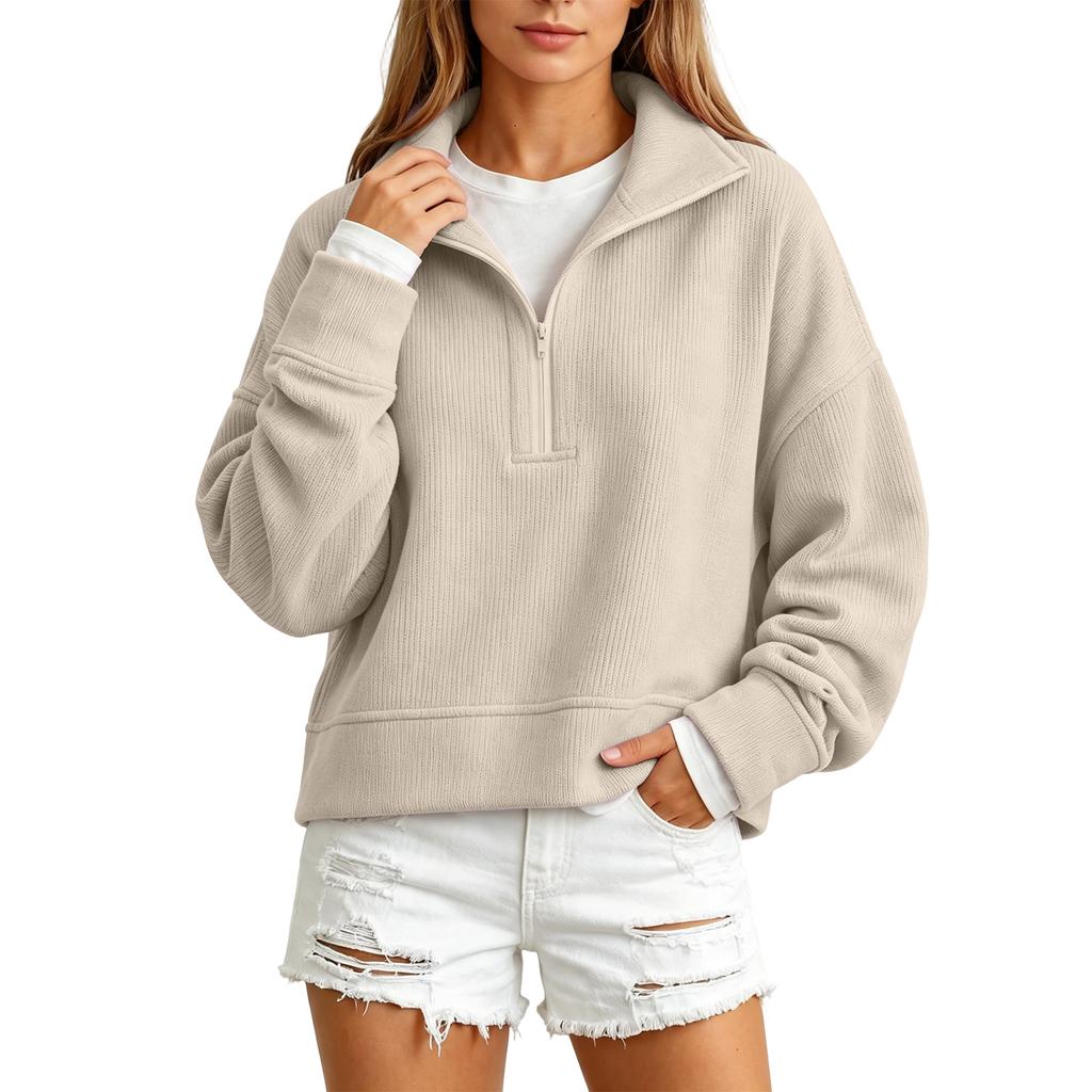 Women's Color Long Sleeve Zip-Up Sweatshirt with Collar for Casual Daily Wear