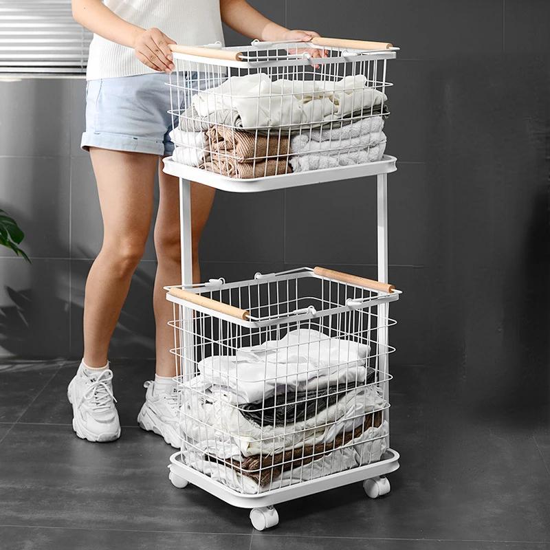 Double Layer Cloth Storage Baskets Rack Bathroom Floor Stand Clothing Storage Sundries Iron Laundry Storage Basket with Wheel