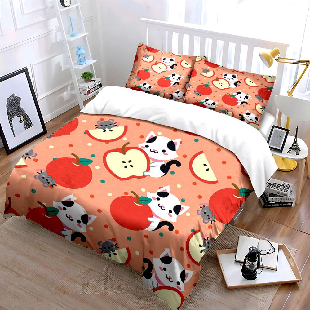 Cartoon Cats Apples Pattern Bedding Duvet Cover Set Duvet Cover Pillowcases (1*Duvet Cover 2*Pillowcases, Without Duvet Insert)