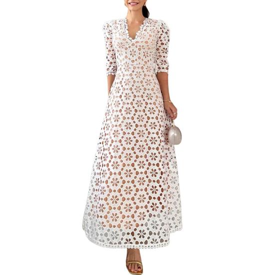 

Вечернее платье с цветочным вырезом, двухслойное платье макси А-силуэта, рукава до локтя, V-образный вырез, высокая талия XL белый