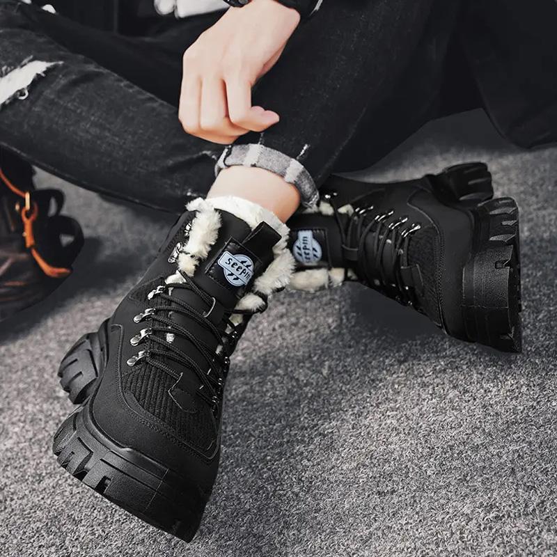 Winter Plus Samt Warme Schneestiefel für Herren Schlichte Schnürung Kältefest Lässige Stiefeletten Outdoor Bequeme Plüsch Baumwollschuhe