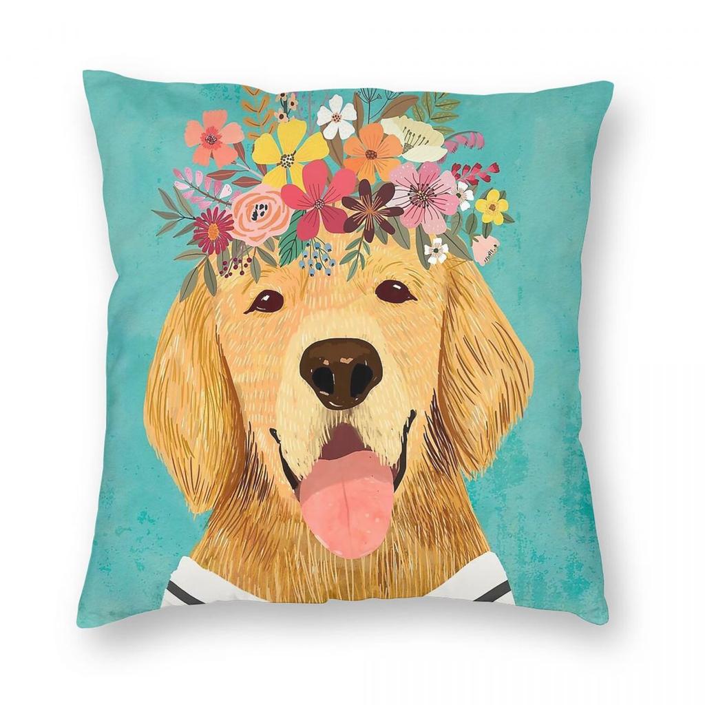 Golden Retriever Dog Flower Crown Square Pillowcase Polyester Linen Velvet Pattern Zip Decor Sofa Cushion Cover