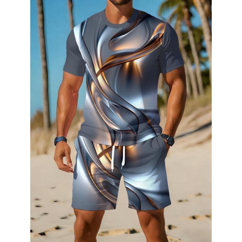 Casual Athletic Set Breathable Outdoor Leisure Men'S Round Neck T-Shirt And Shorts Set Summer Digital Print Print Outfit Men Adult