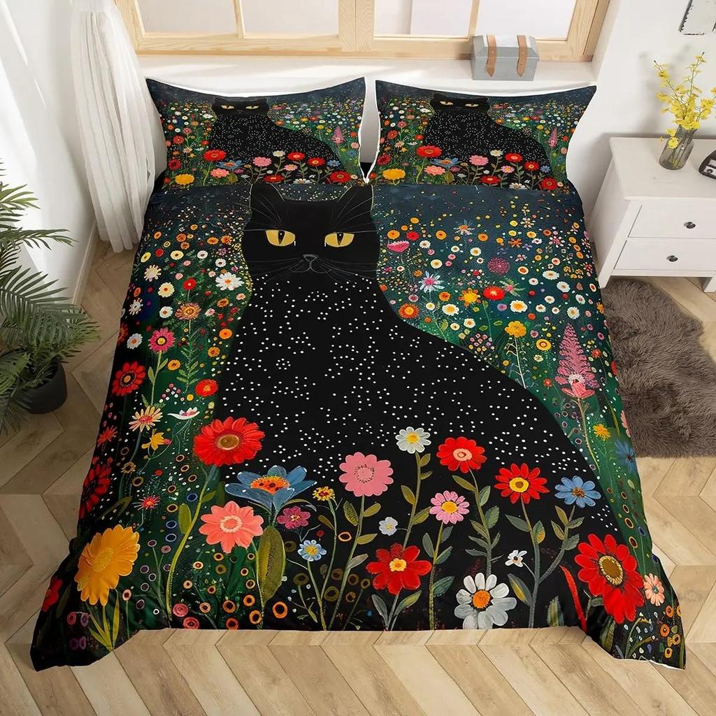 Cartoon Black Cat Duvet Cover Watercolor Flower Bedding Set Pet Animals Botanical Comforter Cover Romantic Rustic Quilt Cover