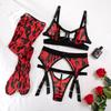 Naughty Sexy Hollow Out Pink Leopard Pattern Mesh Gauze Erotic Lingerie Bra and Thong Garter 4pcs Boudoir Sets with Stockings