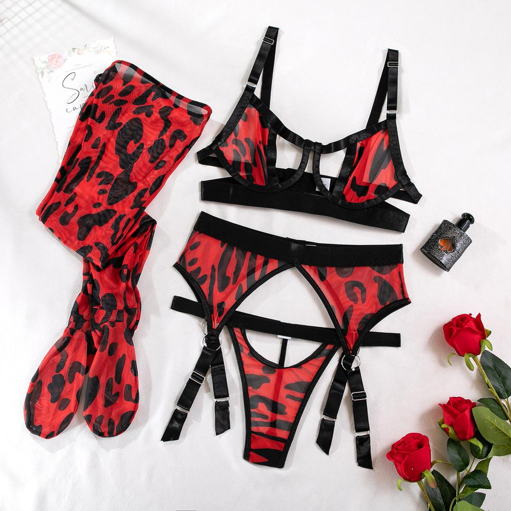 Naughty Sexy Hollow Out Pink Leopard Pattern Mesh Gauze Erotic Lingerie Bra and Thong Garter 4pcs Boudoir Sets with Stockings
