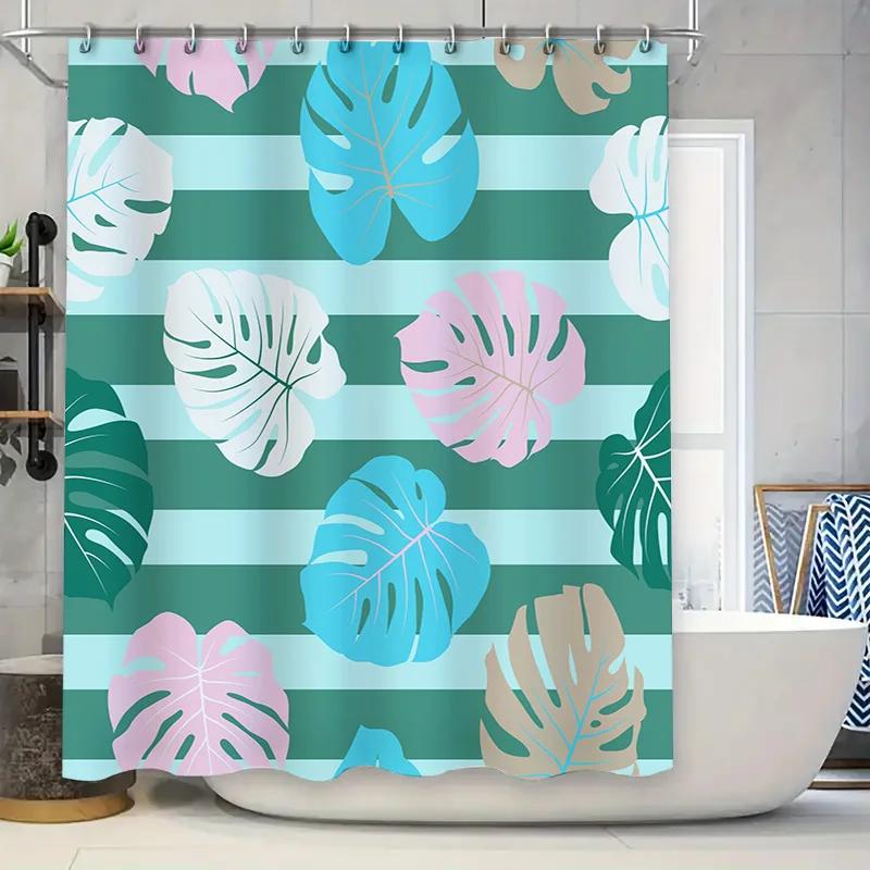 

Nature-Inspired Palm Leaf Shower Curtain Set Modern Striped Design For Bathroom Decorations In Green Pink Colors Quick Dry Fabri W60H190(CM)-1 Pcs