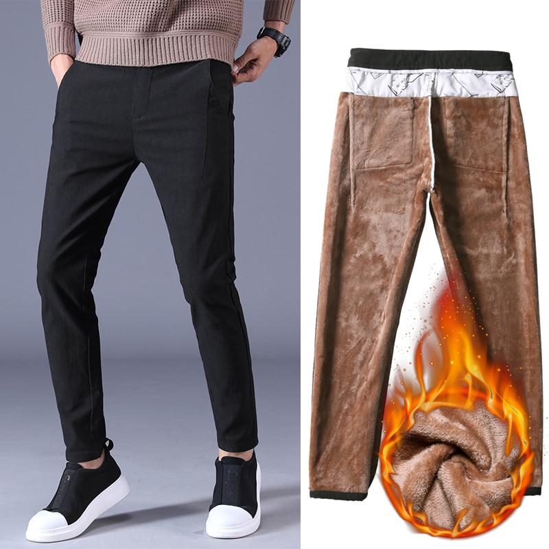 Winter Men 'S Warm Slim Casual Pants Thickening Fleece Skinny Stretch Trousers Black Gray Male Brand Clothes