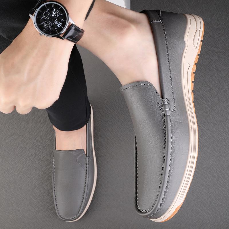 Men's Top-Grain Cowhide Leather Slip-On Loafers - Casual, Formal, Driving, and Lazy Shoes for Spring/Summer.