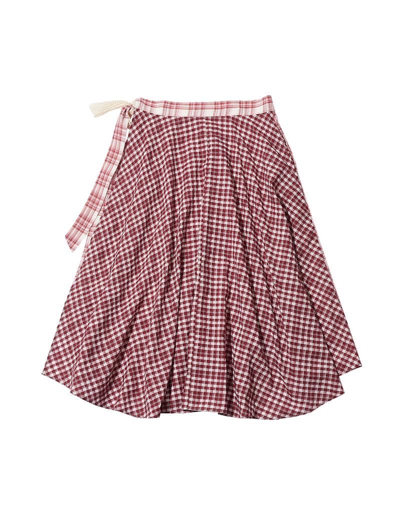 The Museum Visitor Check Bubble Wrap Skirt (Wine)