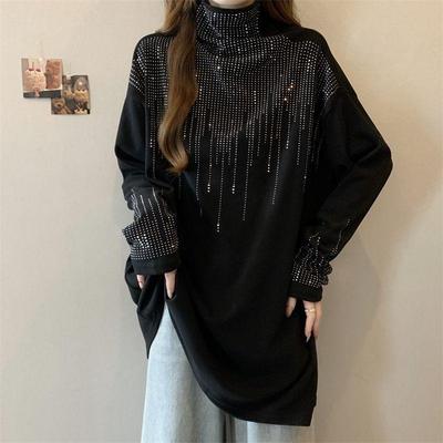 Abbigliamento Donna Autunno Inverno Moda Coreana Strass Spesso Caldo Basici Magliette Collo Alto Nero Oversize Manica Lunga Top