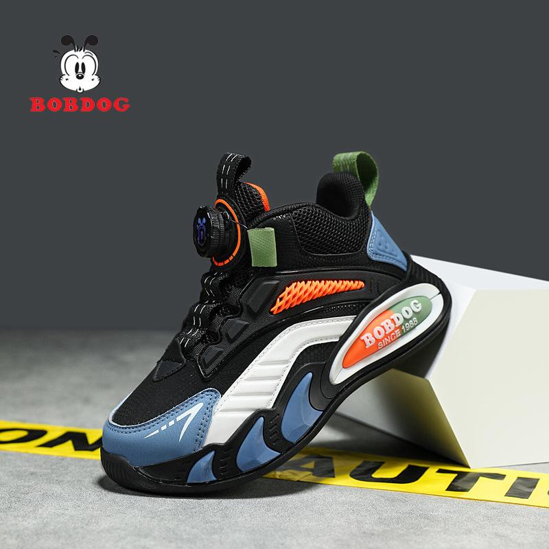 Babu Bean Classmate Boys Fleece Leather Surface Waterproof Sneakers Girls Running Shoes Middle Older Children Rotary Buckle Mesh Shoes