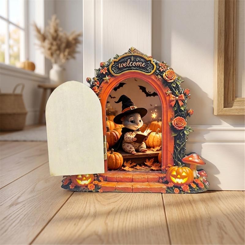 Wooden Indoor Halloween Arched Door Plaque Two Layer Sign with Round Adhesive Mounts for Party Entry Accent Use