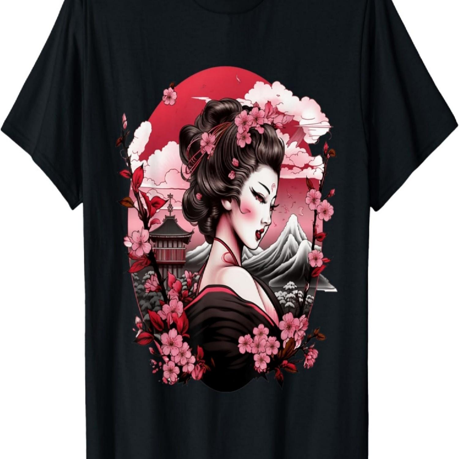Футболка с гейшей, горой Фудзи, пагодой и цветами сакуры(50) S чёрный