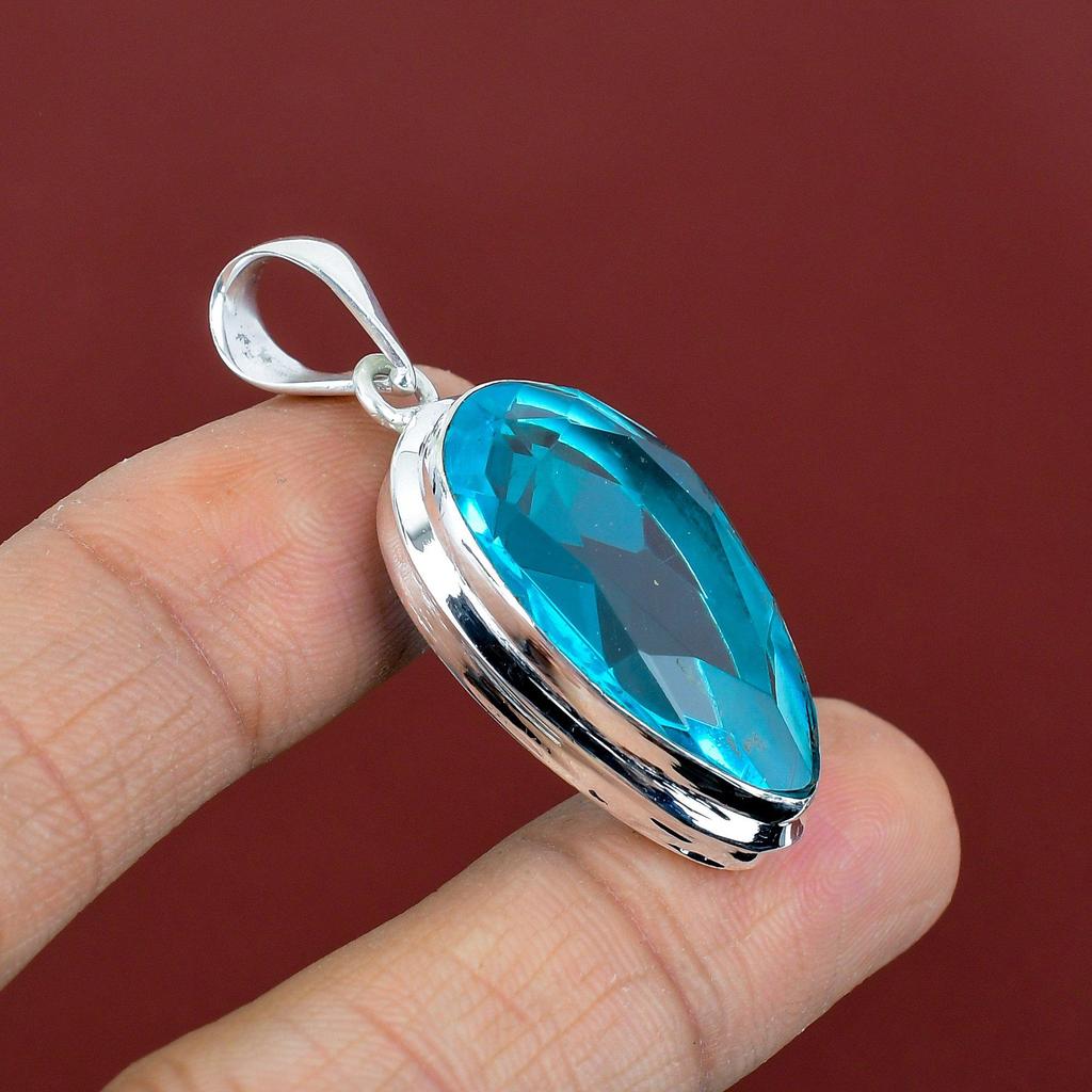Faceted swiss blue topaz pendant natural gemstone jewelry designer pendant 925 sterling silver pendant handmade dainty pendant gifts for mom