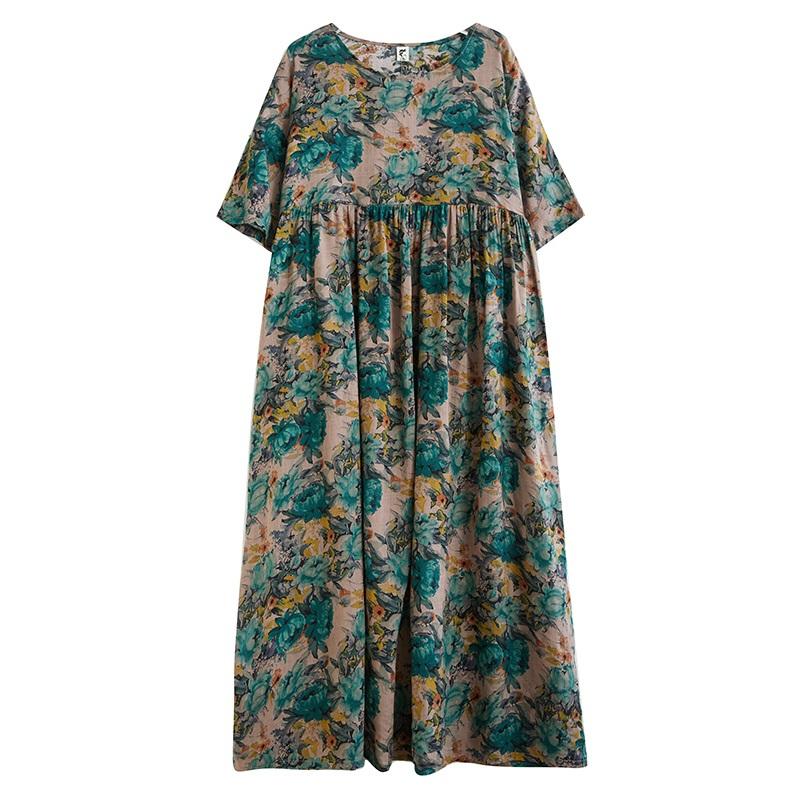 Short Sleeve Plus Size Cotton Vintage Floral New In Dresses for Women Casual Loose Long Summer Dress