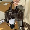 PU Leather Retro Handbag Solid Color Boston Bag Fashion PU Bowling Bag  Travel