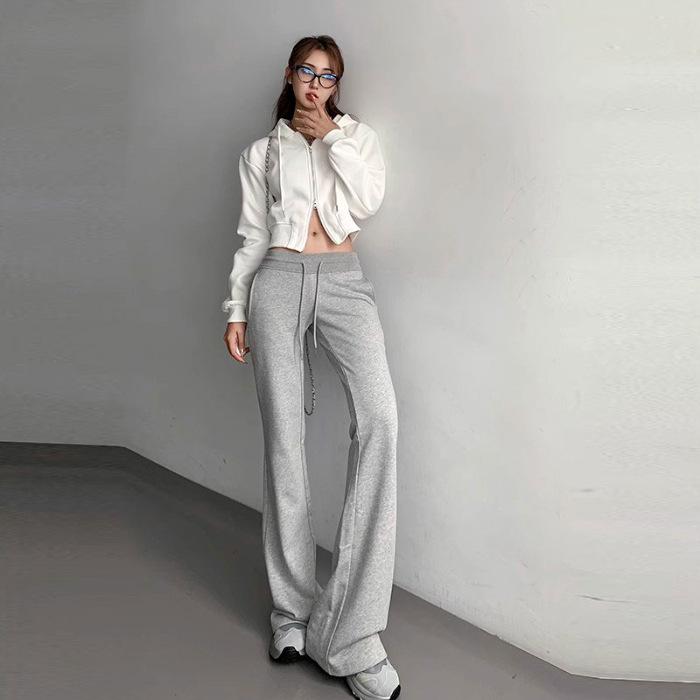 

[Huamian composite] dark gray sports flared pants women s autumn and winter velvet high-waisted micro-pull pants American casual sweatpants S