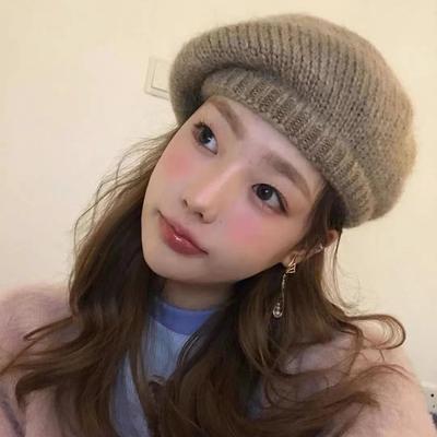 Mohair Wool Thread Knitted Pile Beret Large Elastic Large Head Circumference Plush Painter Hat