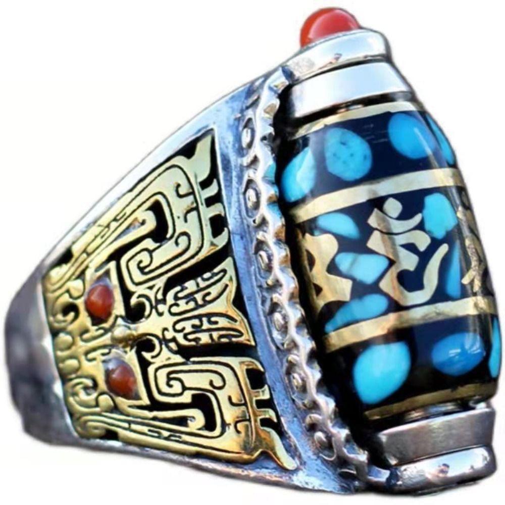 Open Luck Ethnic Style Ring Six-character Mantra Rotatable Finger Ring Nine Turns Dzi Ring For Men