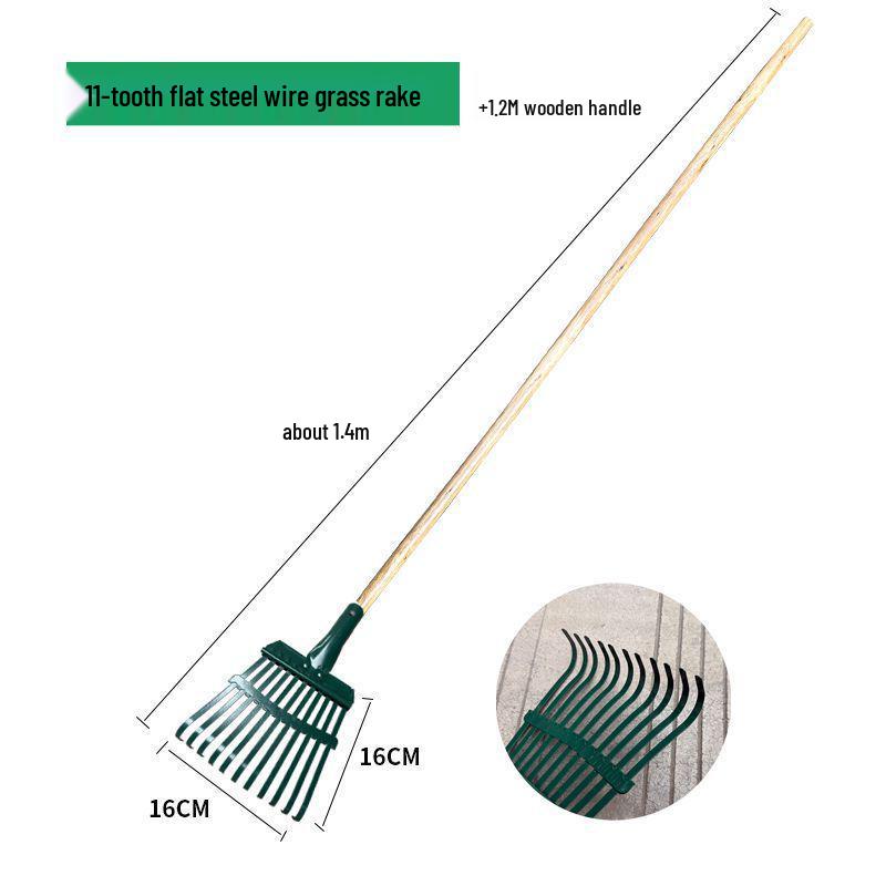 Garden Rake with Long Wooden Handle for Lawn and Leaves