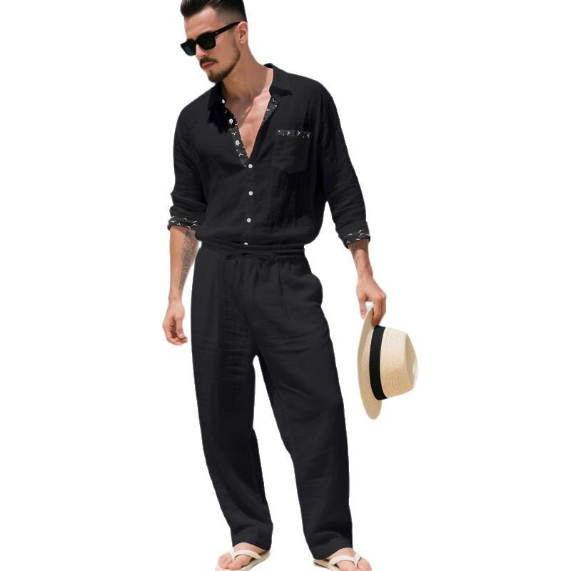 Men's Linen Two Piece Set Long Sleeve Shirt and Relaxed Pants Minimal Holiday Casual Outfit