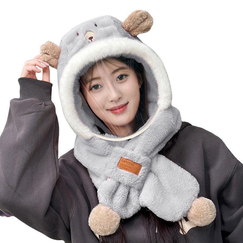 Bear hat, scarf, integrated women's winter thickened warm scarf, anti-fogging lenses, cycling windshield and cold protection, ear protection